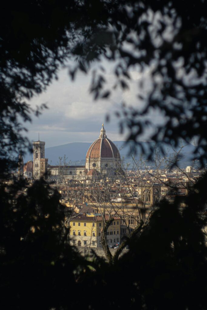 view of the dome of the Florence Duomo from between the tree cover